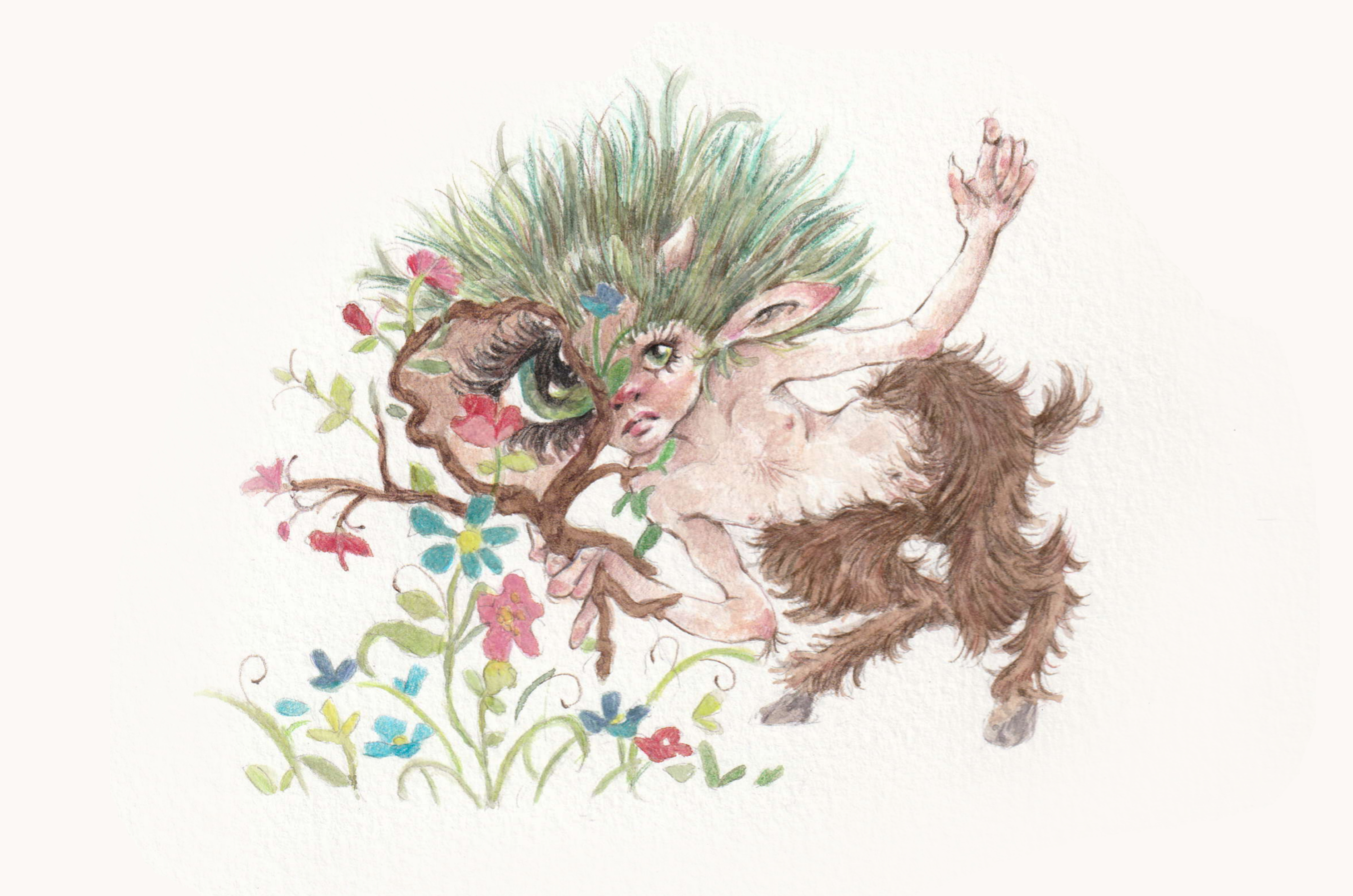 Faun (2024), watercolor and colored pencils on paper, 12 x 15 cm